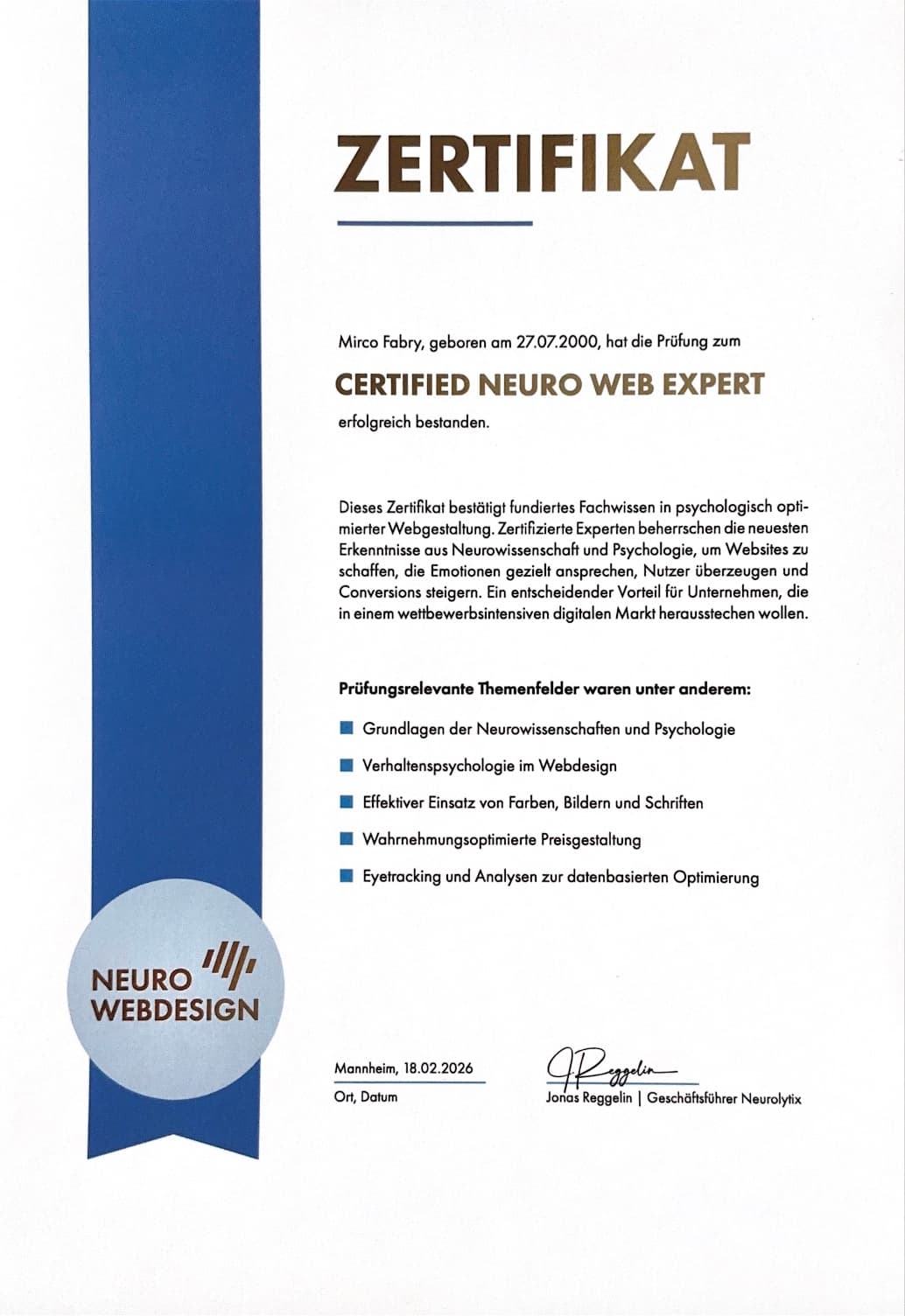 Zertifikat: Certified Neuro Web Expert — Mirco Fabry