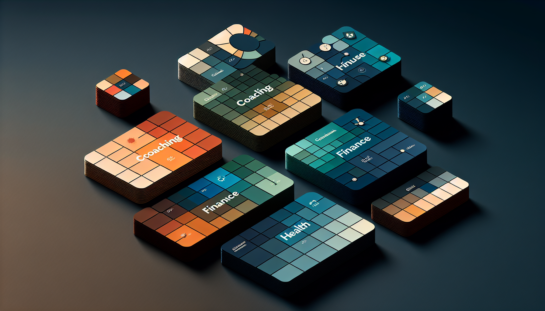 Systematische Farbpalette fuer verschiedene Branchen: Coaching, Finanzen, Gesundheit, Technologie